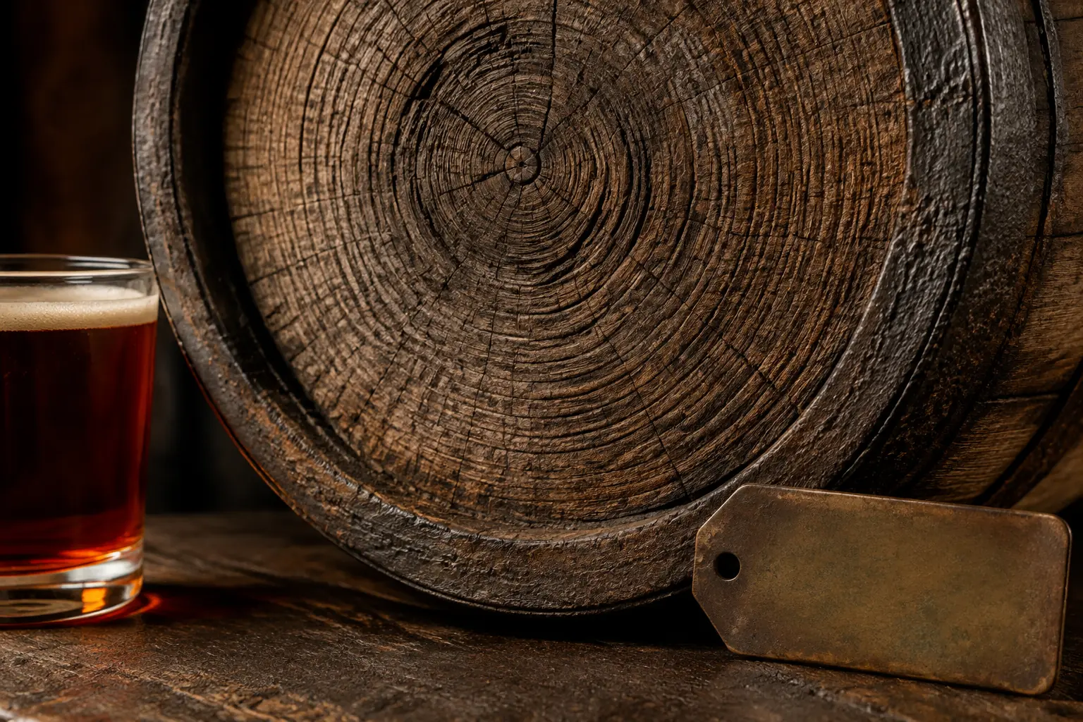Macro photograph of amber beer beside the end grain of a weathered oak barrel and a blank brass cellar tag