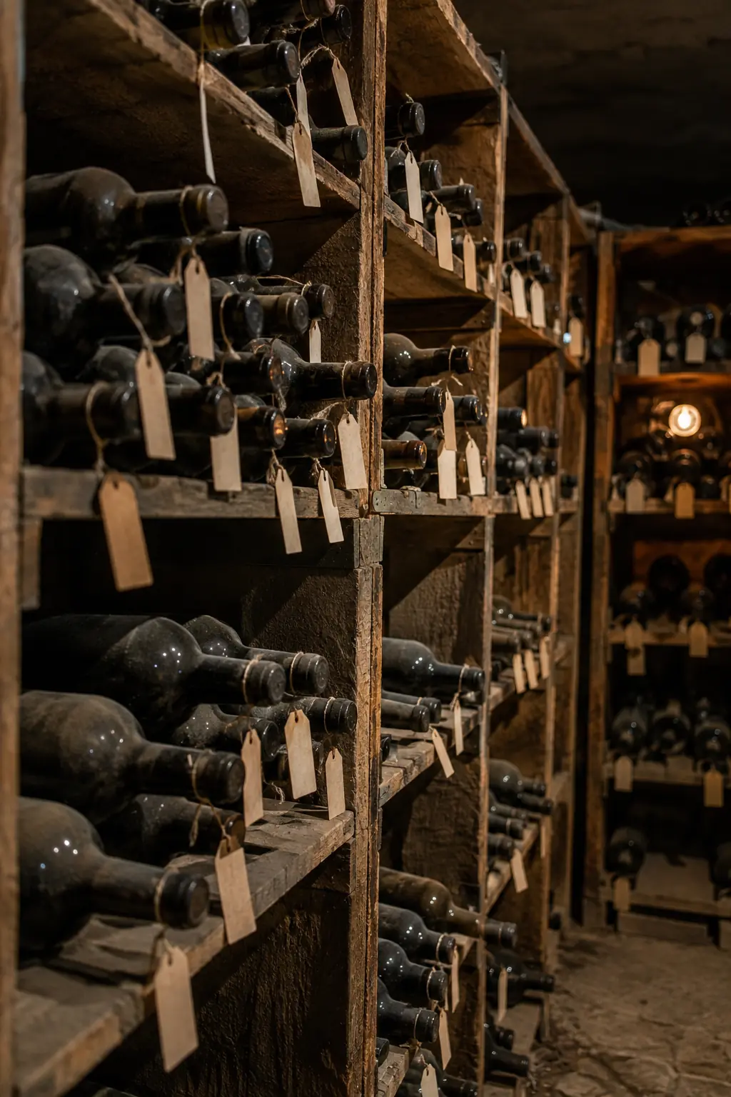 Rows of unlabeled dark bottles with blank paper tags resting in wooden cellar cubbies