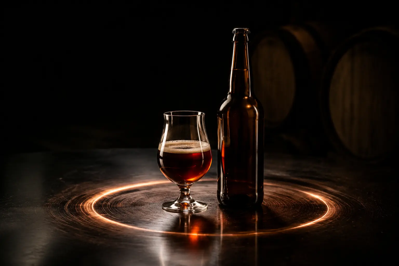 One unlabeled amber bottle and a glass of beer within a circular warm reflection on dark steel